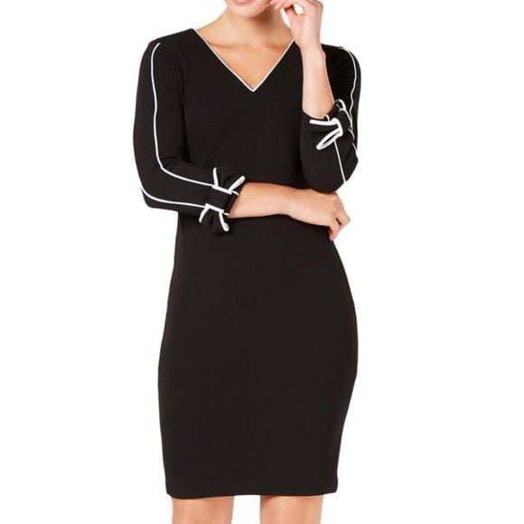 Calvin Klein Scuba Crepe V-Neck Bow Sleeves Sheath Dress - Picture 3 of 9